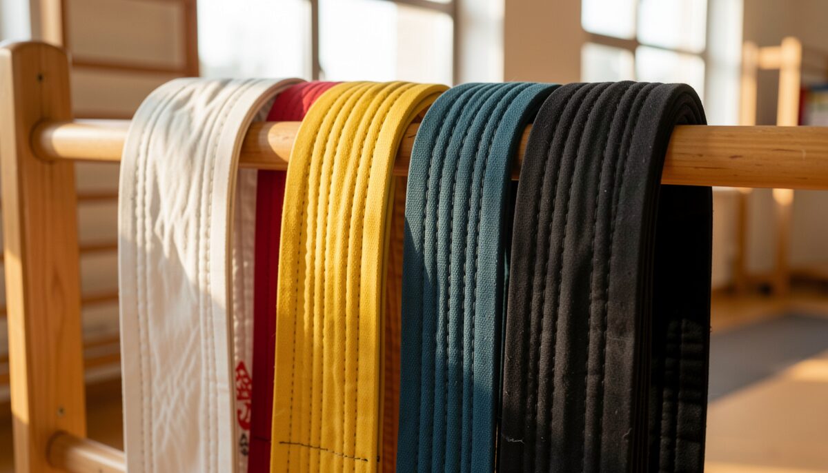 The whole ladder on one rack: nine color ranks, each with its own form, before the black belt.