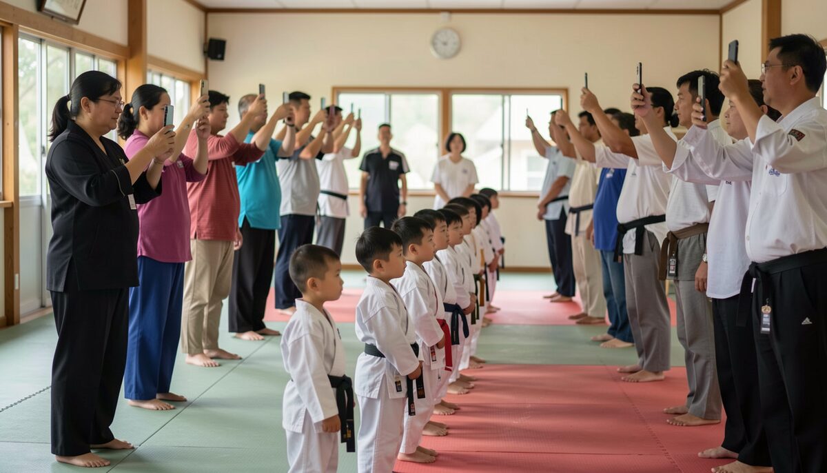 An evening belt ceremony at a small martial arts school: rows of parents stand holding phones aloft as young students in white uniforms line up on the mat.