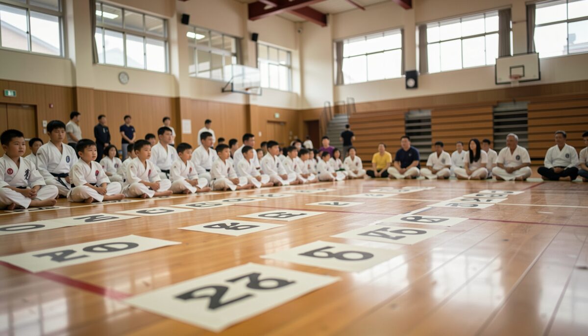 A regional martial arts tournament in a school gymnasium: numbered rings taped on a polished floor, young competitors in white uniforms sitting in rows with their families.