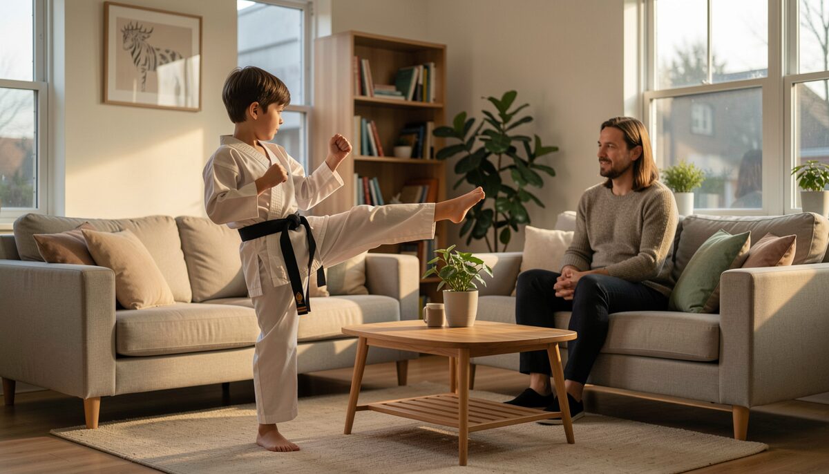 The living room is enough: one slow kick at a time, socks off, nothing to break within arm's reach.