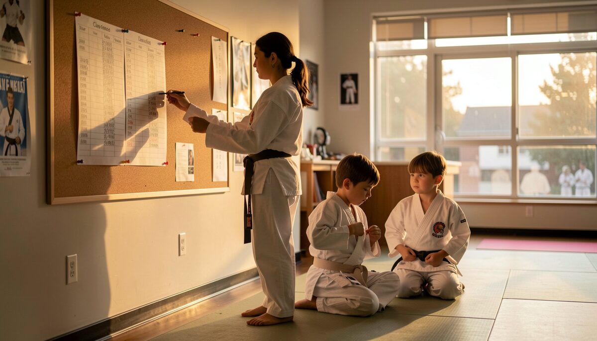A family martial arts school lobby in warm evening light: a parent checks a paper class schedule pinned to a corkboard while two children in white uniforms sit pulling on their belts.