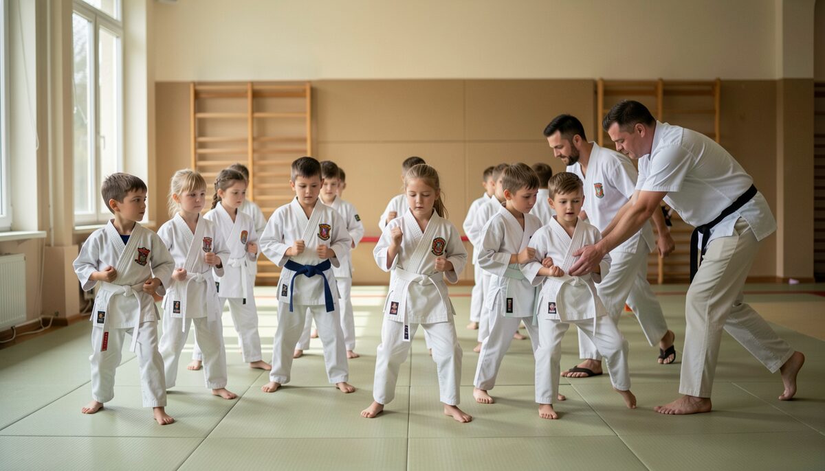 A school-age martial arts class seen from the gallery: a dozen children in white uniforms drill in lines while an instructor walks the rows adjusting a small student's stance.