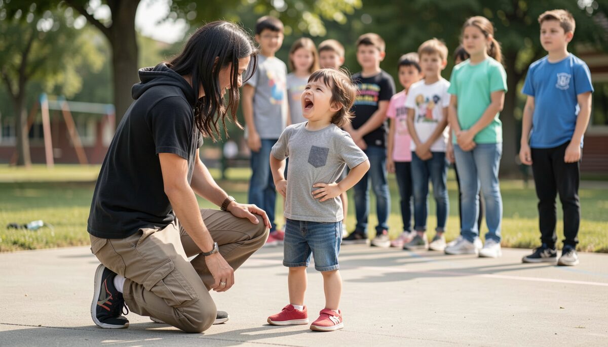 A calm after-school mat scene: an instructor kneels at eye level with one small child practicing a loud, confident standing posture while classmates wait in line behind.