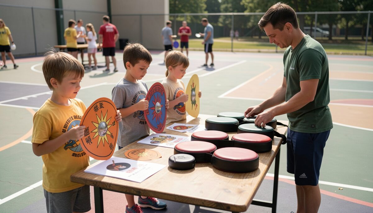 A summer martial arts camp craft table beside a training floor: children in camp t-shirts decorate paper shields while an instructor sets out kicking pads.
