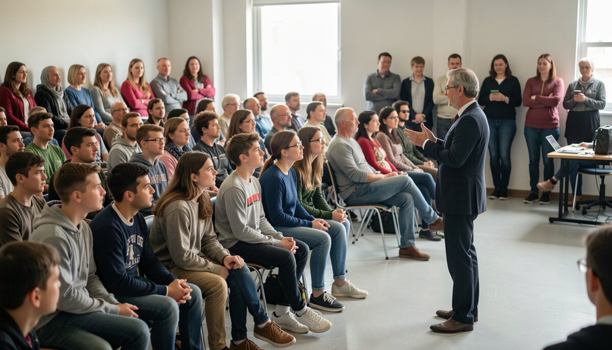 A crowded seminar on a training floor: rows of students of all ages follow a visiting instructor demonstrating a technique at the front, parents watching from the back wall.