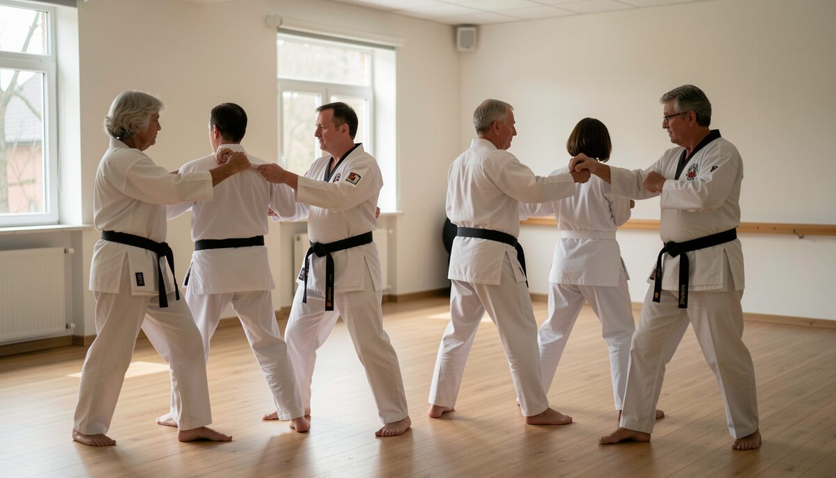 An evening adult martial arts class: four adults of different ages in white uniforms practise a slow blocking drill in pairs across a wooden floor.