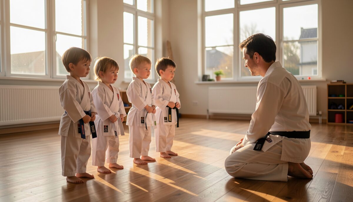 A preschool martial arts class on a warm wooden floor: five small children in white uniforms stand in a short line facing a kneeling instructor, late afternoon light through high windows.