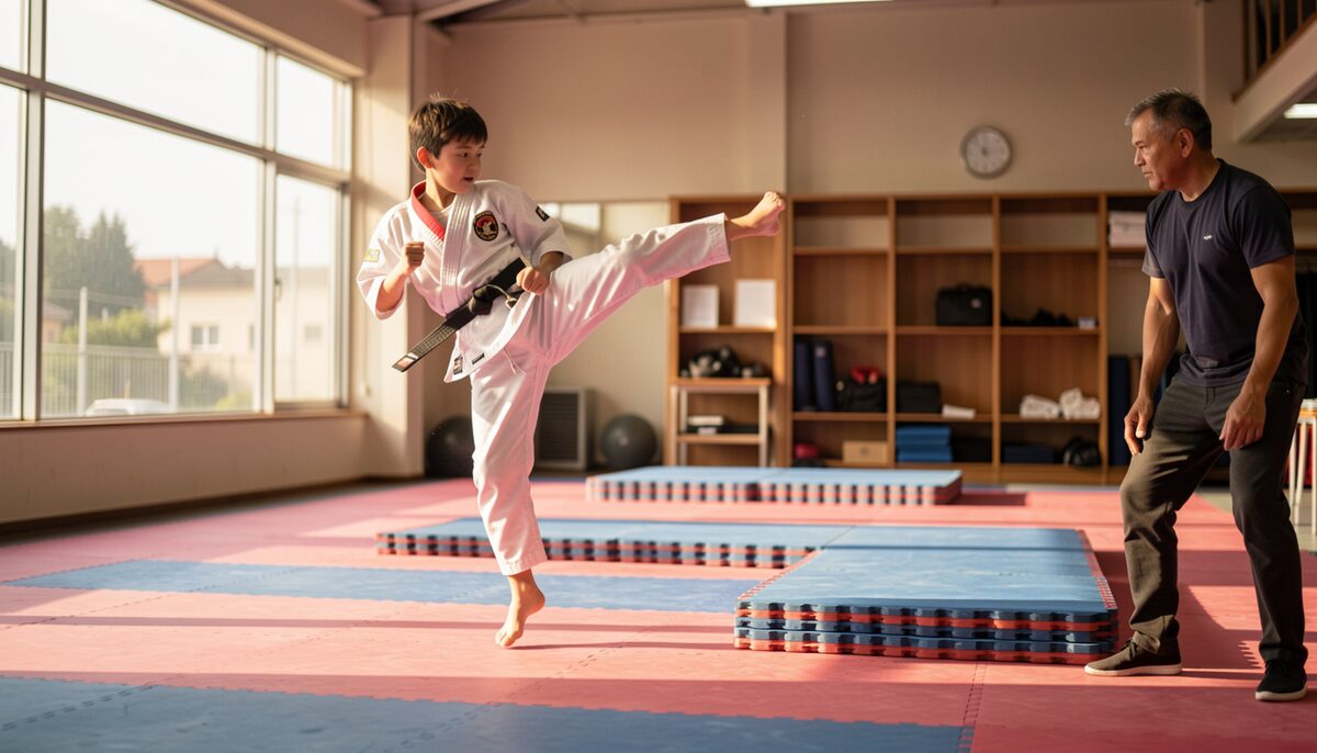 A young martial artist mid-air performing a trick kick on a training floor, landing mats visible, an instructor watching from the edge in warm afternoon light.